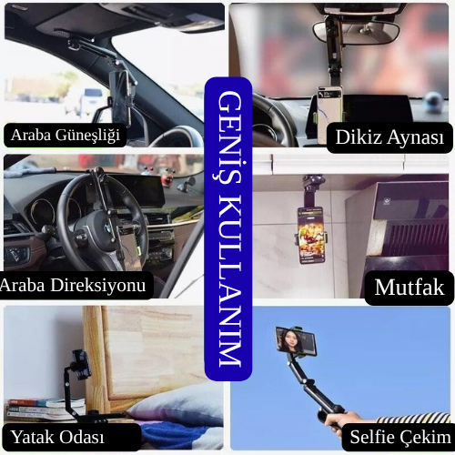1080 ∘ Katlanabilir Çok Amaçlı Telefon Tutucu | Kaymaz Timsah Çene | Güneşlik, Dikiz Aynası, Direksiyon ve Masaüstü Uyumlu