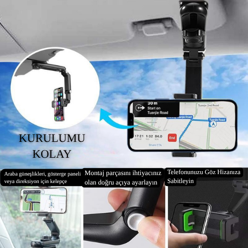 1080 ∘ Katlanabilir Çok Amaçlı Telefon Tutucu | Kaymaz Timsah Çene | Güneşlik, Dikiz Aynası, Direksiyon ve Masaüstü Uyumlu