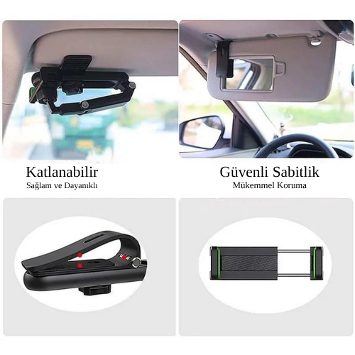 1080 ∘ Katlanabilir Çok Amaçlı Telefon Tutucu | Kaymaz Timsah Çene | Güneşlik, Dikiz Aynası, Direksiyon ve Masaüstü Uyumlu