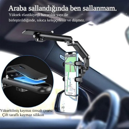 1080  ∘   Katlanabilir Çok Amaçlı Telefon Tutucu | Kaymaz Timsah Çene | Güneşlik, Dikiz Aynası, Direksiyon ve Masaüstü Uyumlu